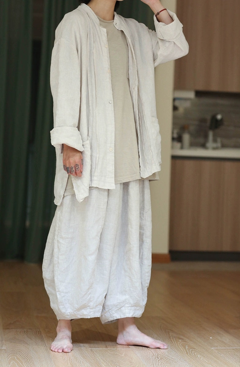 Washed Linen Harem Pants in Beige