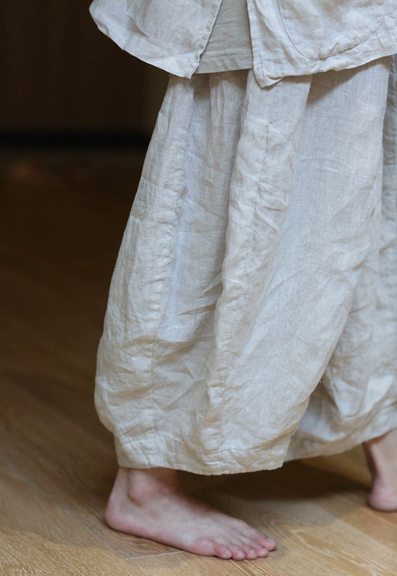 Washed Linen Harem Pants in Beige