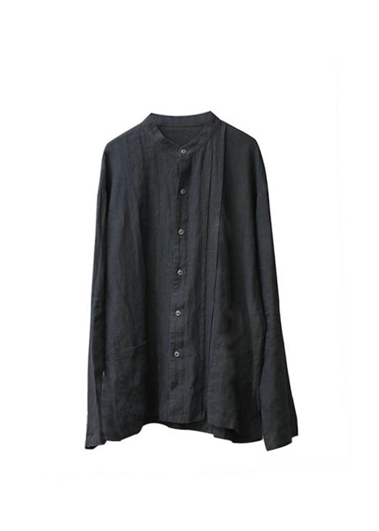 Washed Linen Long Sleeve Button Top in Black