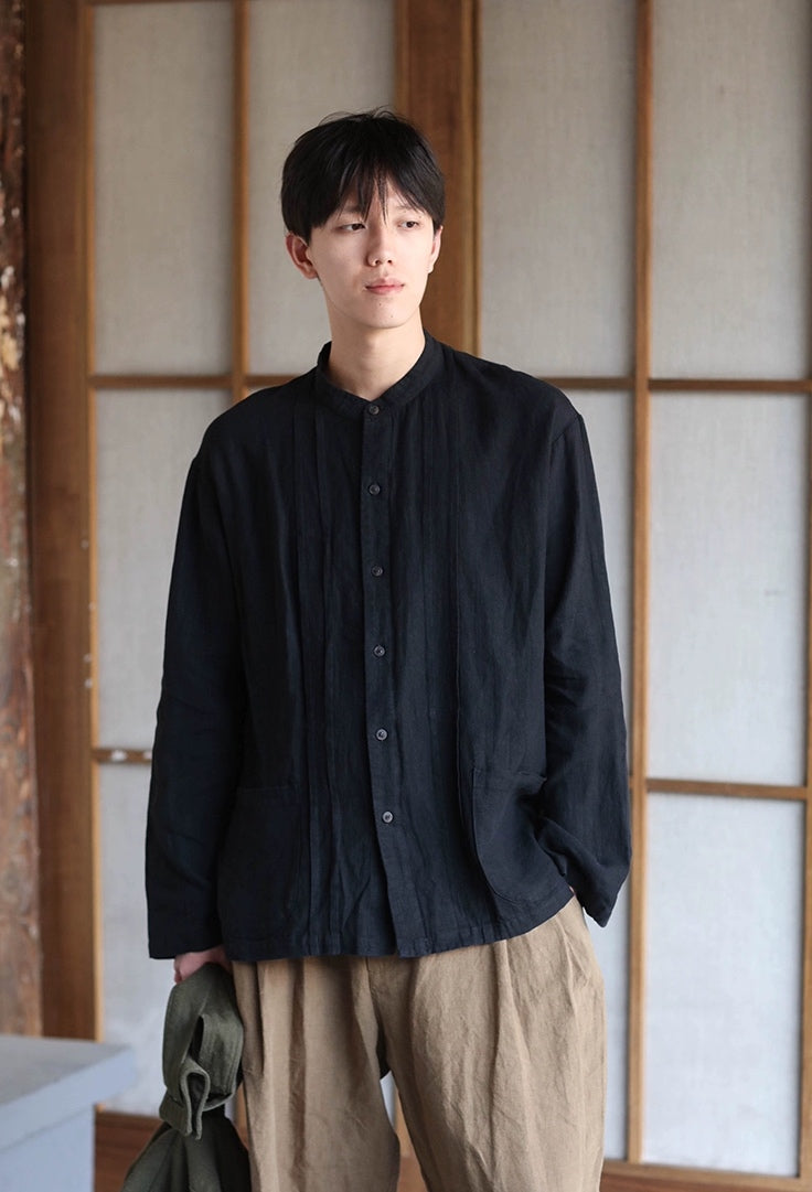 Washed Linen Long Sleeve Button Top in Black