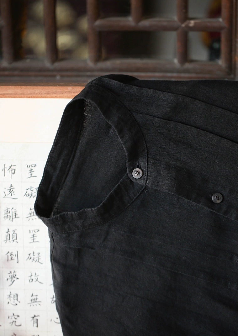 Washed Linen Long Sleeve Button Top in Black