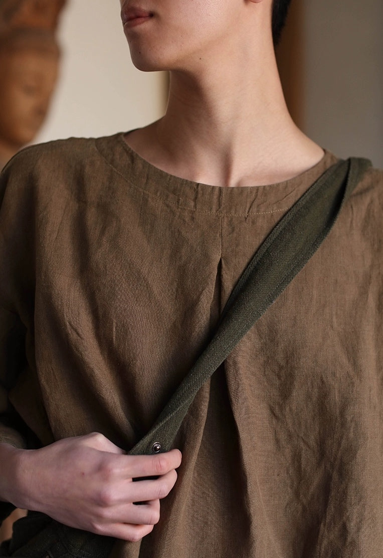 Minimalist Round Neck Linen Top in Brown