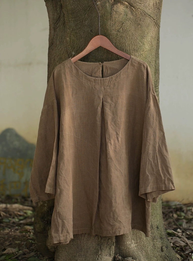 Minimalist Round Neck Linen Top in Brown