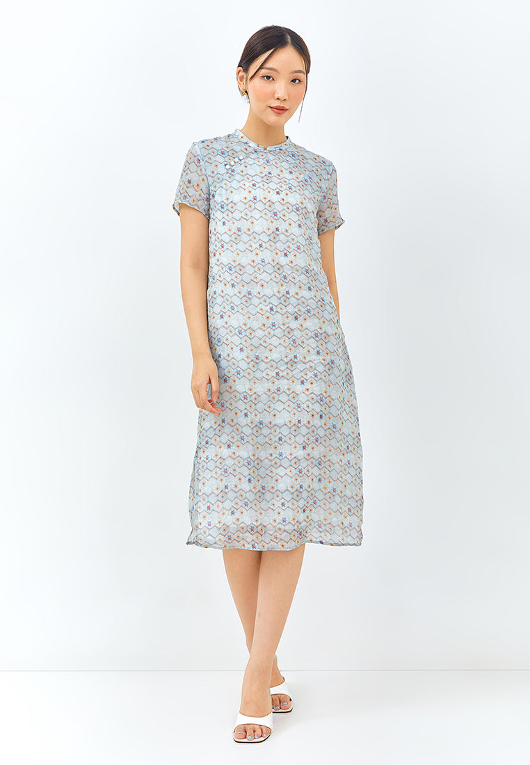 Geometric Print Cheongsam Dress in Light Blue