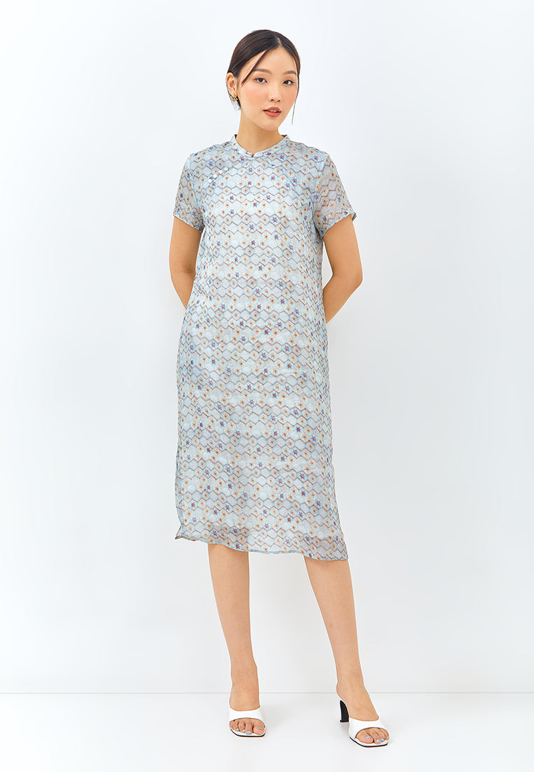 Geometric Print Cheongsam Dress in Light Blue