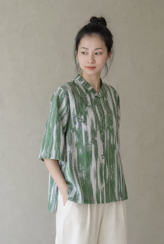 Green Abstract Print Cheongsam Samfoo Top