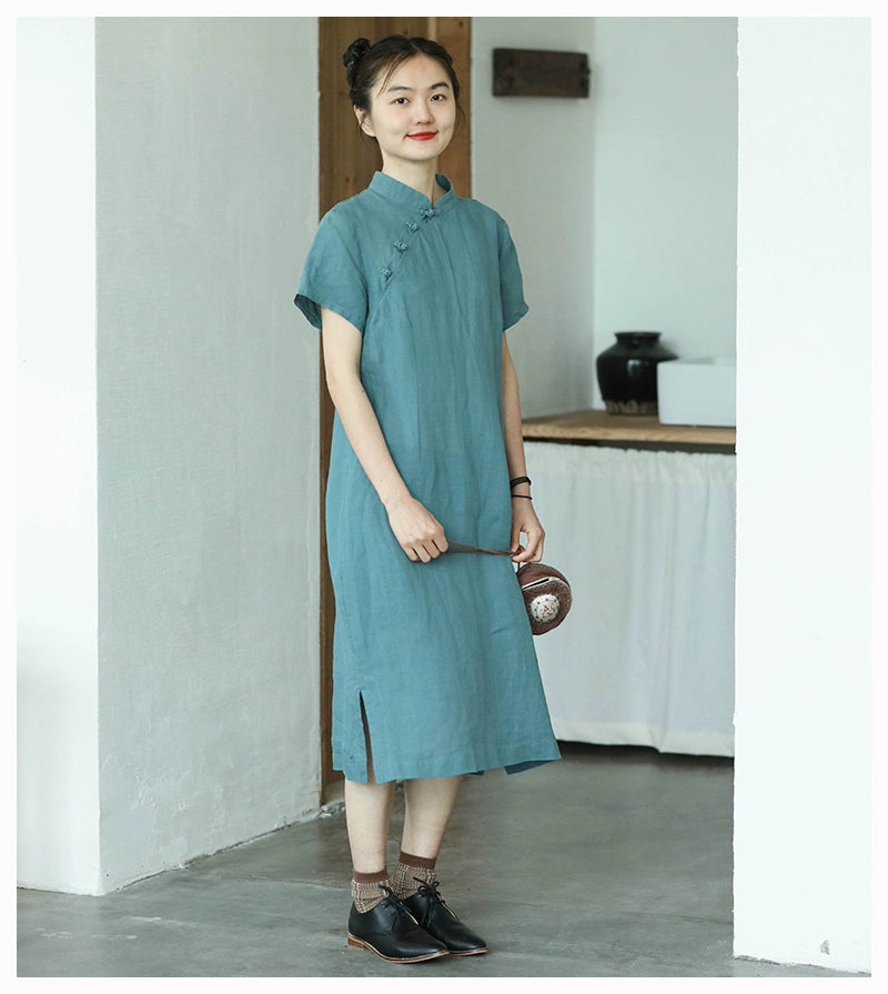 Green Linen Cheongsam Midi Dress