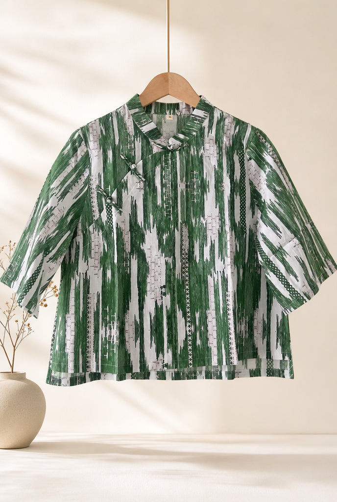 Green Abstract Print Cheongsam Samfoo Top