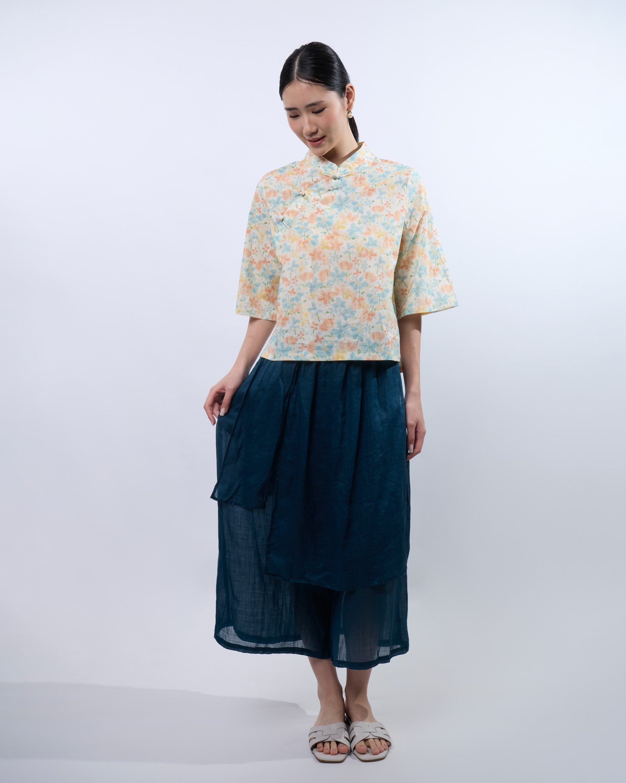 Green and Orange Floral Samfoo Cheongsam Qipao Top