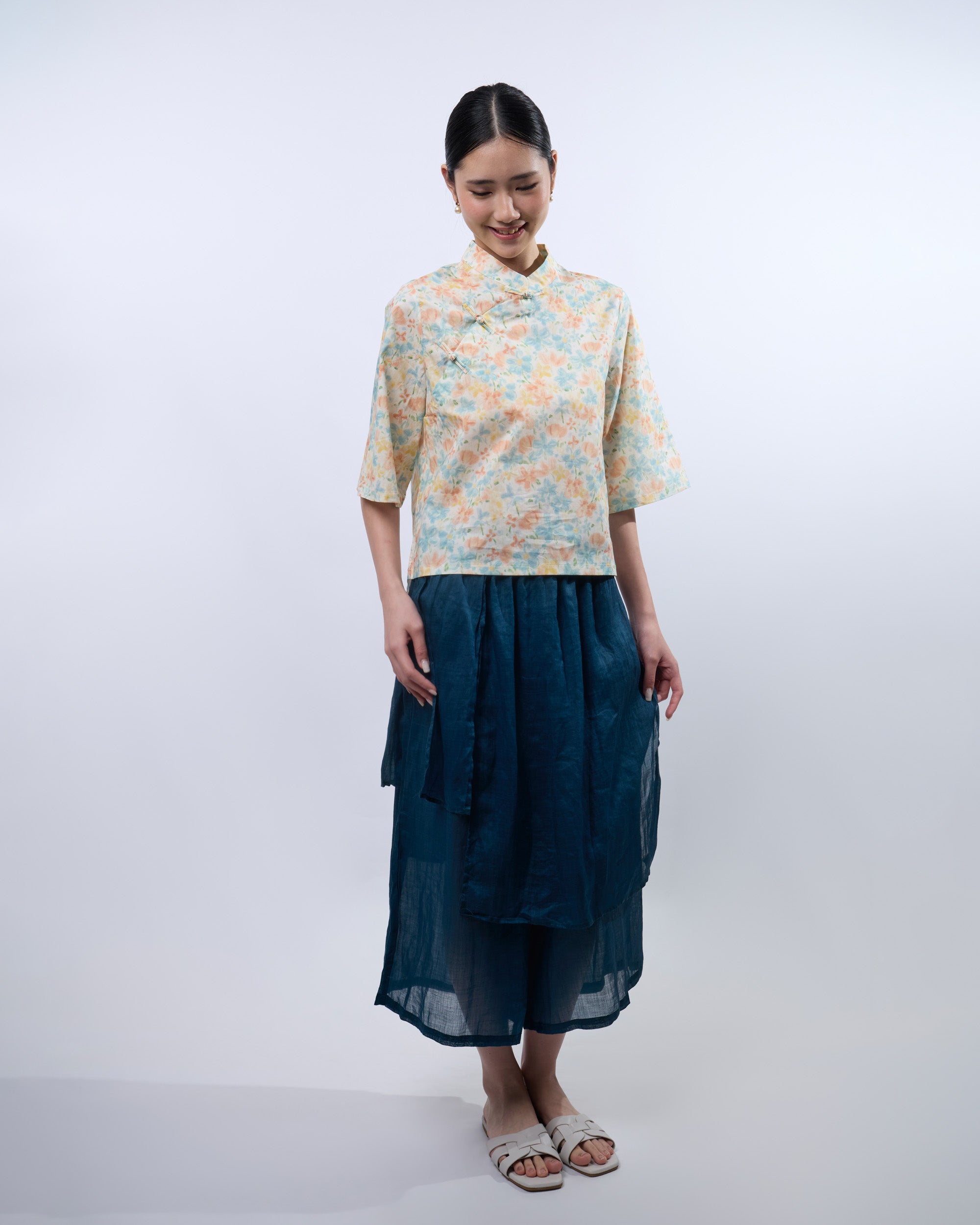 Green and Orange Floral Samfoo Cheongsam Qipao Top