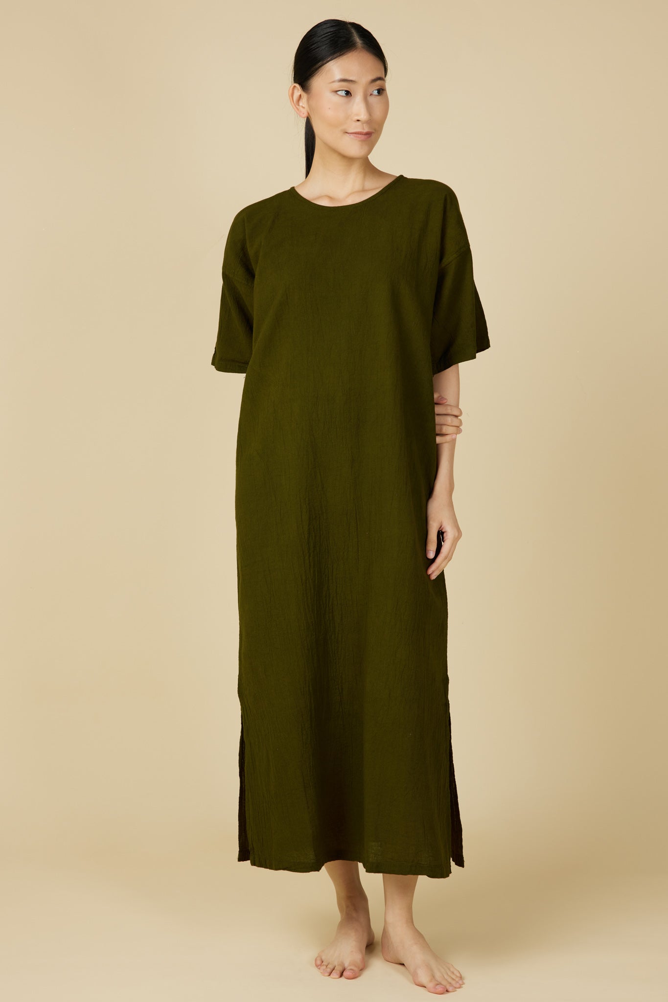 Hand Dyed Short Sleeve Dress in Army Green