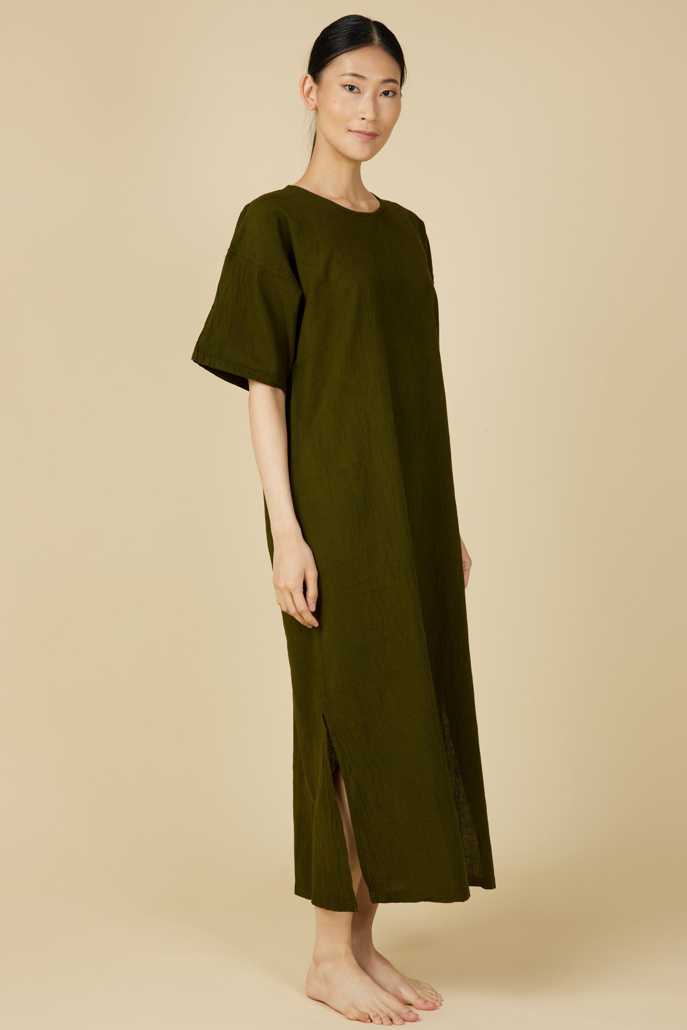 Hand Dyed Short Sleeve Dress in Army Green