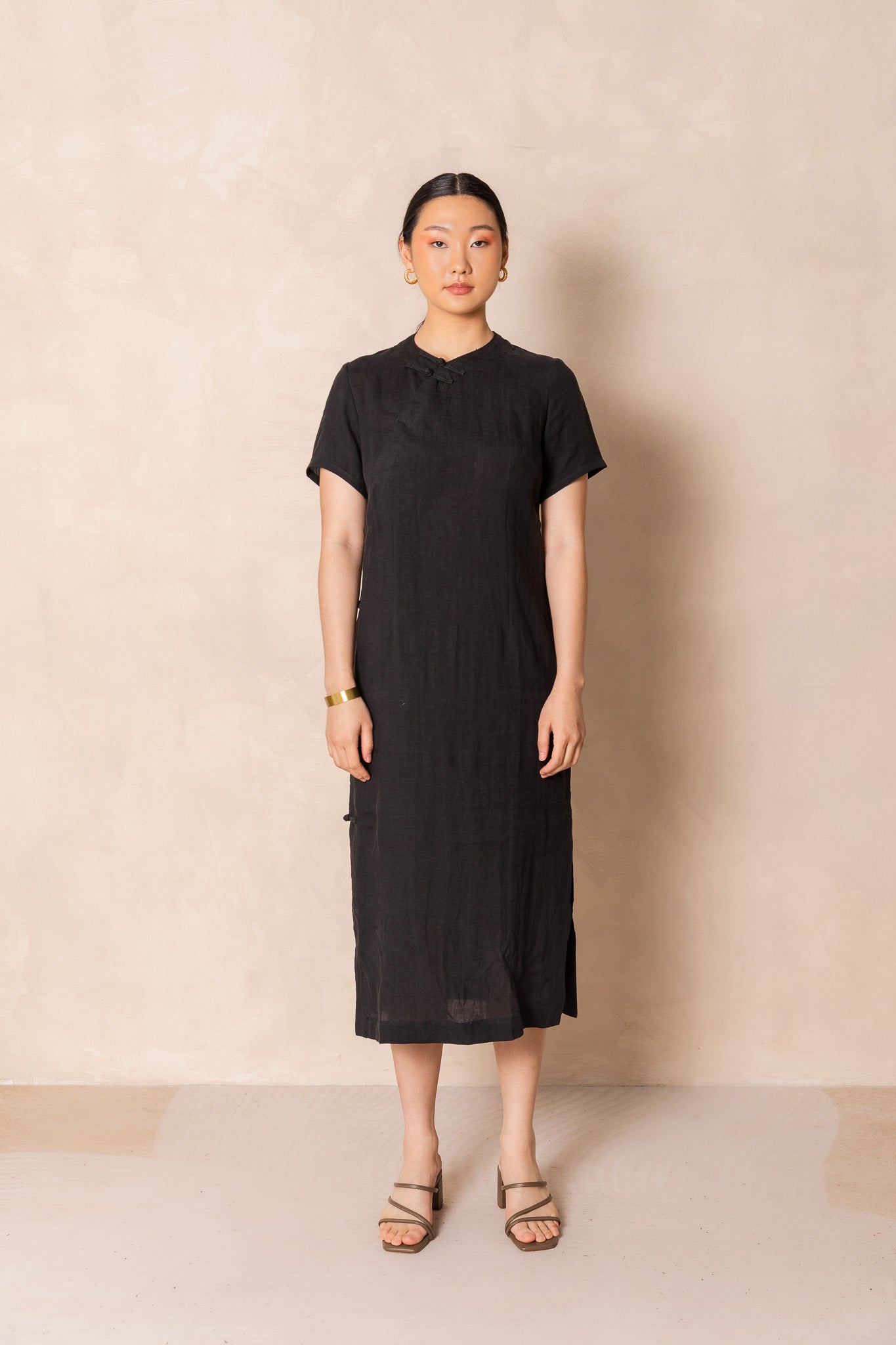 Black Linen Cheongsam Dress