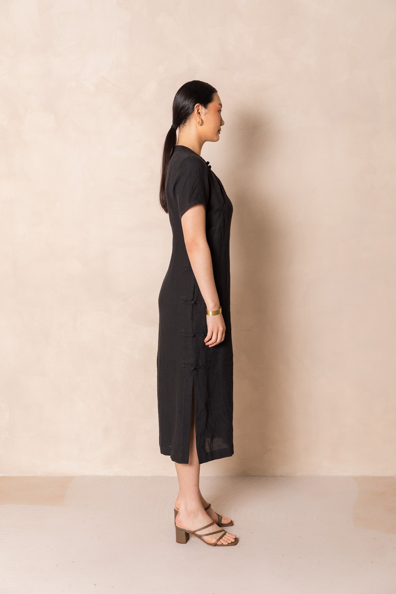 Black Linen Cheongsam Dress