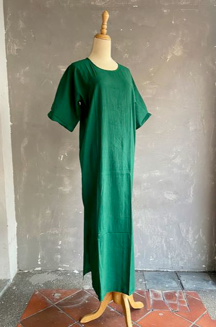 Hand Dyed Short Sleeve Dress in Dark Green