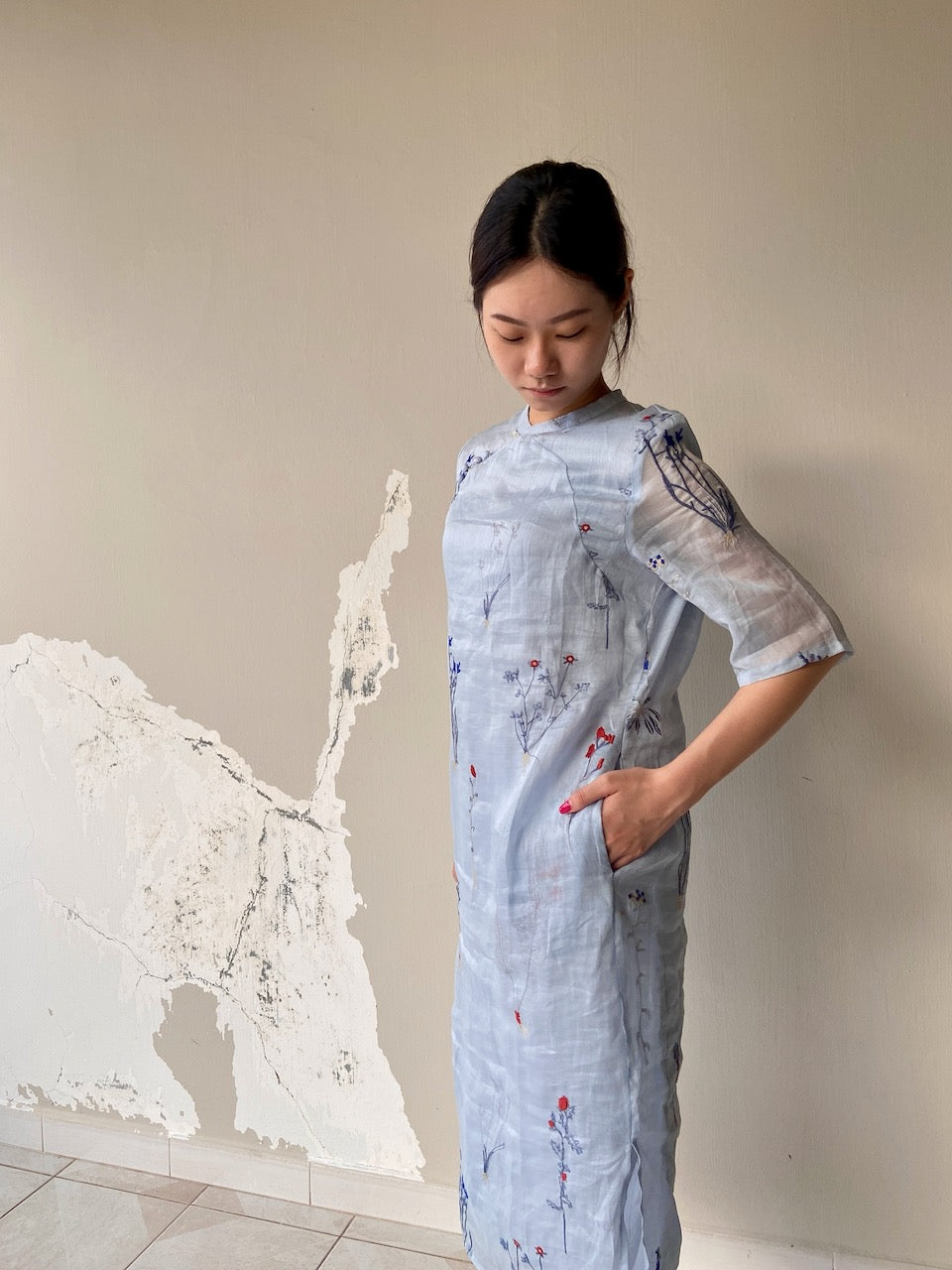 Light Blue Floral Embroidered Cheongsam Qipao Dress