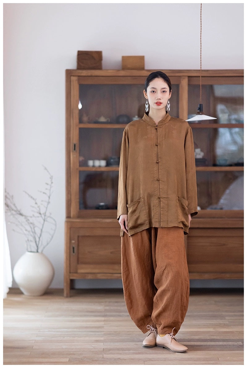 Chinese Button Cheongsam Top in Brown