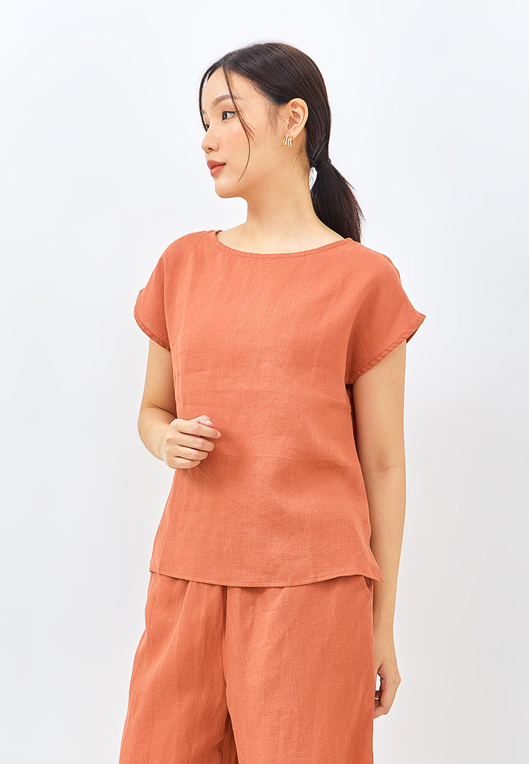 Linen Short Sleeve Top in Burnt Orange