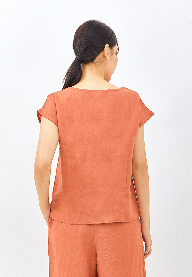 Linen Short Sleeve Top in Burnt Orange