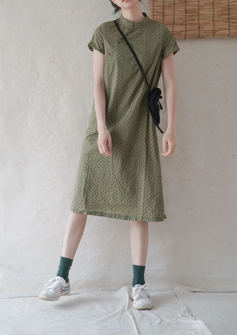 Polka Dot Cheongsam Midi Dress in Army Green