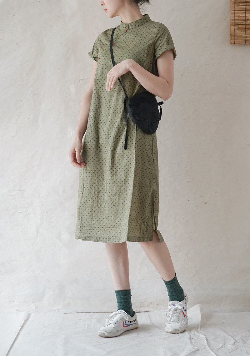 Polka Dot Cheongsam Midi Dress in Army Green