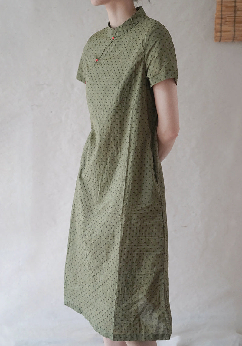 Polka Dot Cheongsam Midi Dress in Army Green