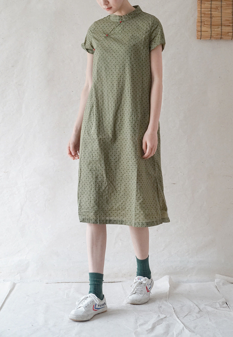 Polka Dot Cheongsam Midi Dress in Army Green