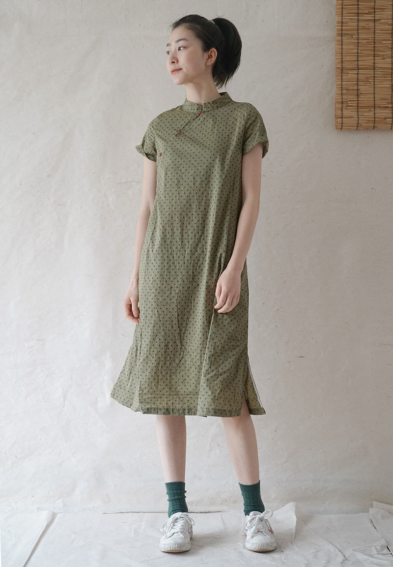 Polka Dot Cheongsam Midi Dress in Army Green
