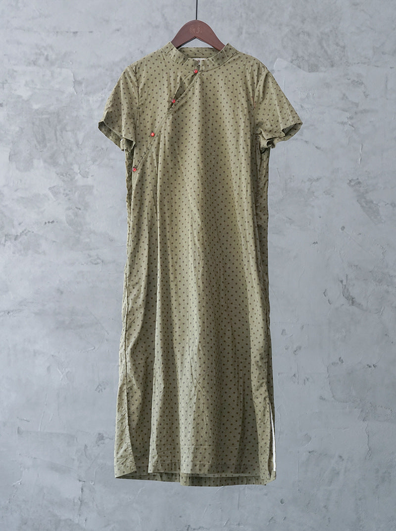 Polka Dot Cheongsam Midi Dress in Army Green