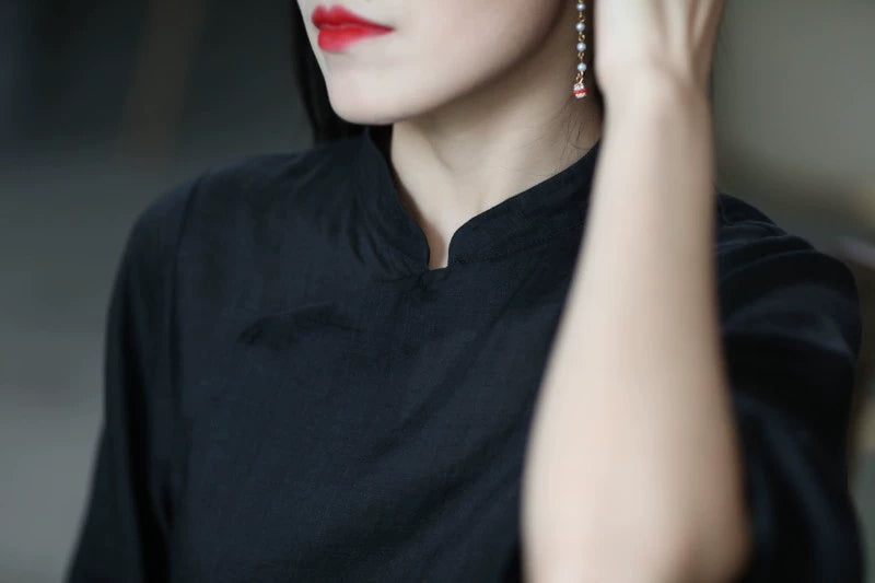 Wide Sleeve Cheongsam Top in Black