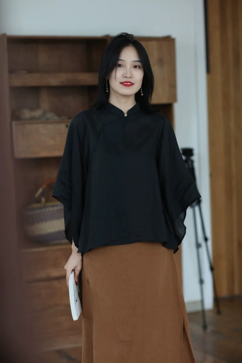 Wide Sleeve Cheongsam Top in Black