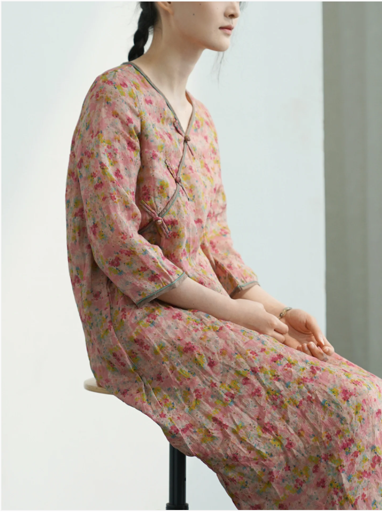 Deep Pink Floral V-Neck Cheongsam Qipao Dress