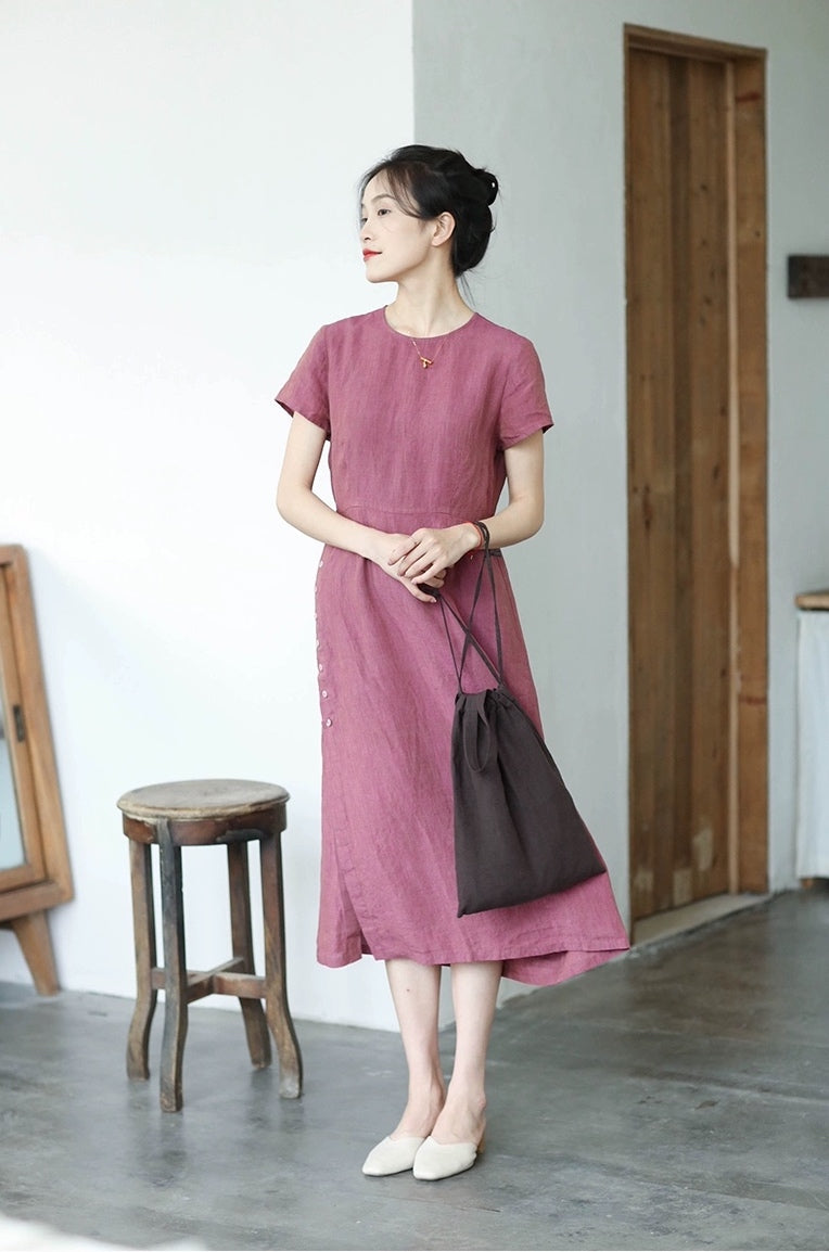 Short Sleeve A-line Linen Dress