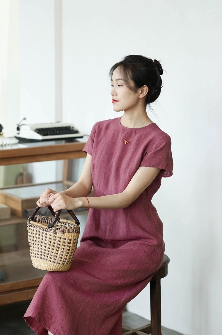 Short Sleeve A-line Linen Dress