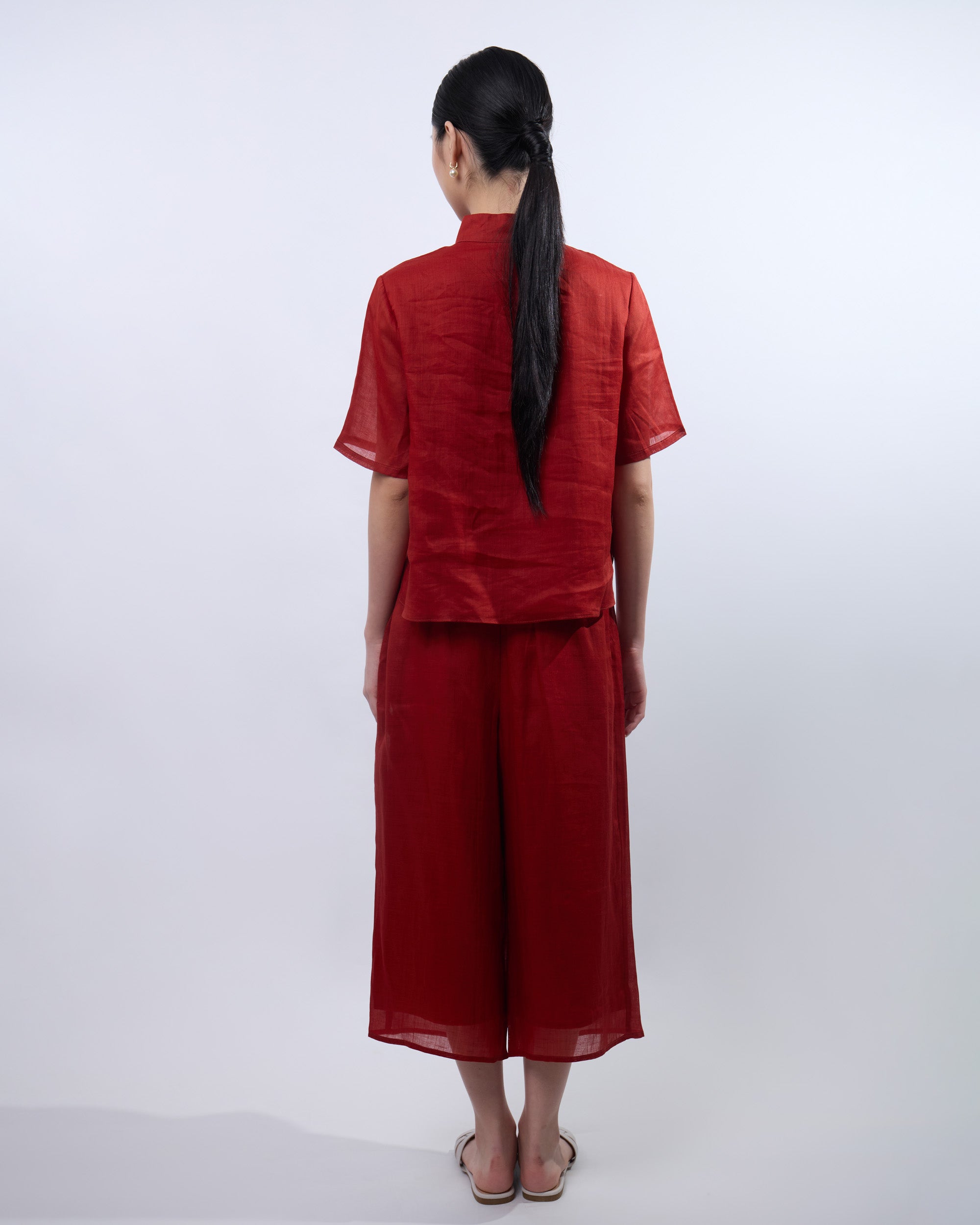 Short Sleeve Ramie Cheongsam Top in Brick Red