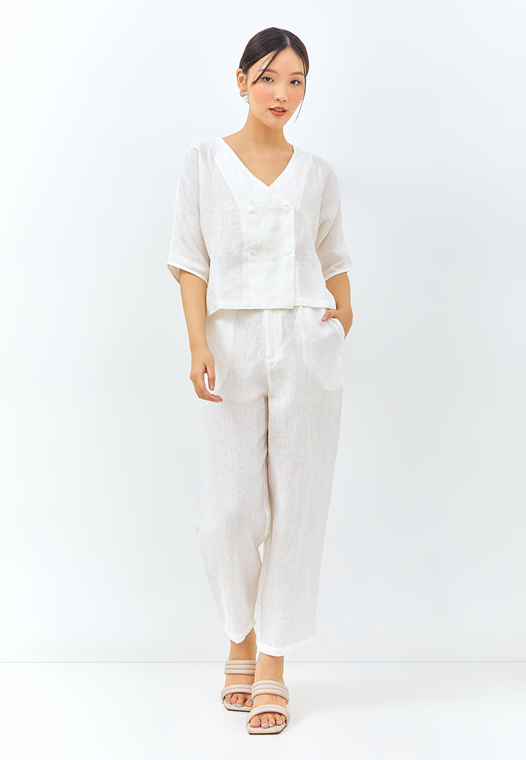 V-neck Button Linen Jacket in White