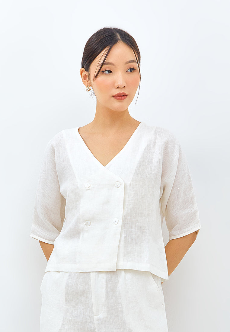 V-neck Button Linen Jacket in White