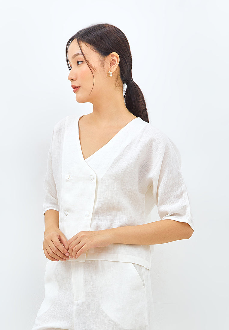 V-neck Button Linen Jacket in White