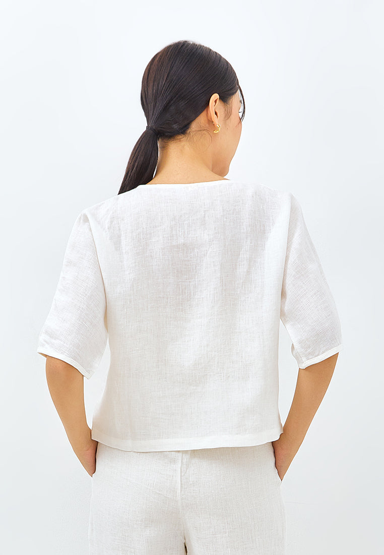 V-neck Button Linen Jacket in White