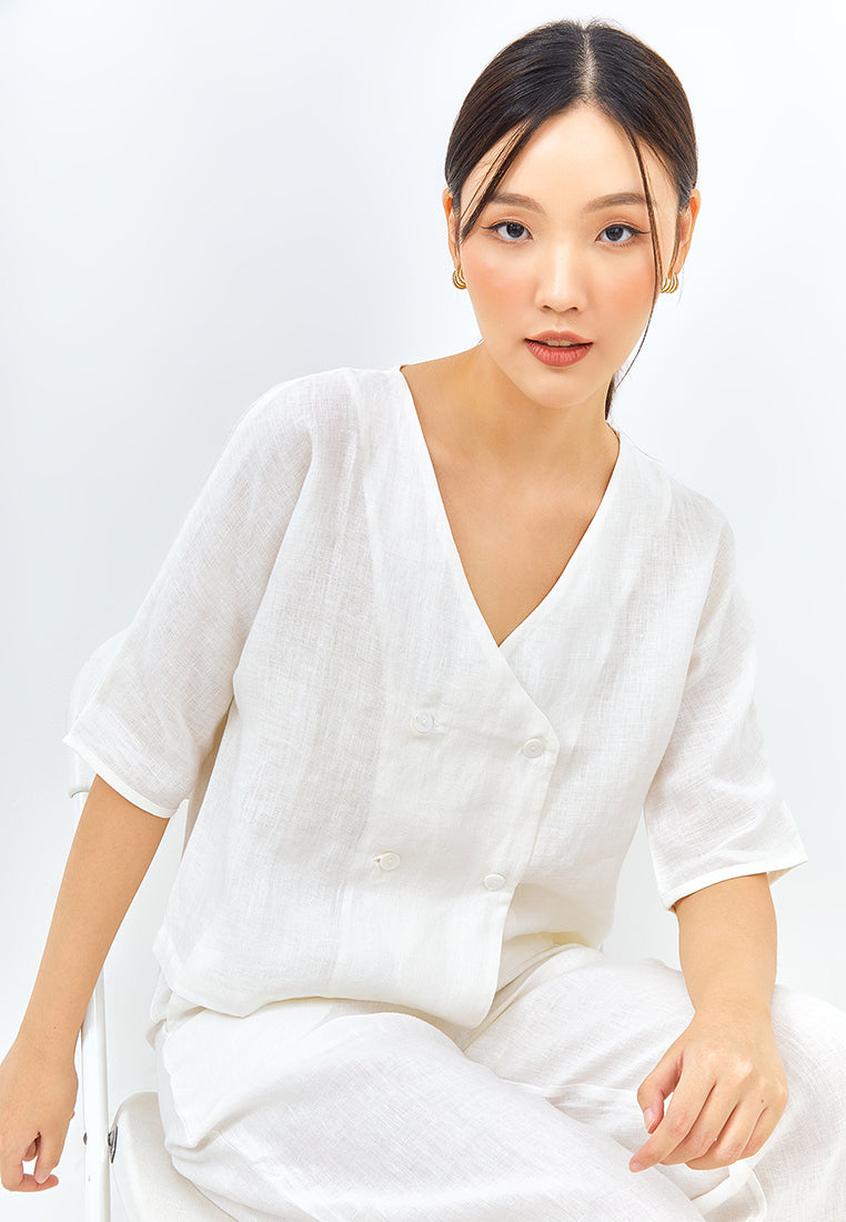 V-neck Button Linen Jacket in White