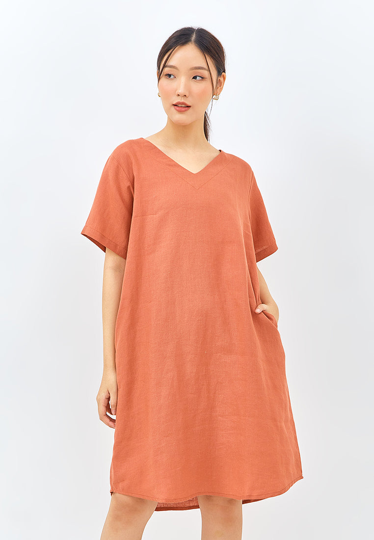 V-Neck Linen Lounge Dress in Burnt Orange