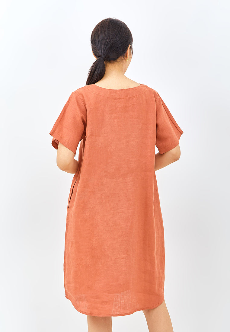 V-Neck Linen Lounge Dress in Burnt Orange