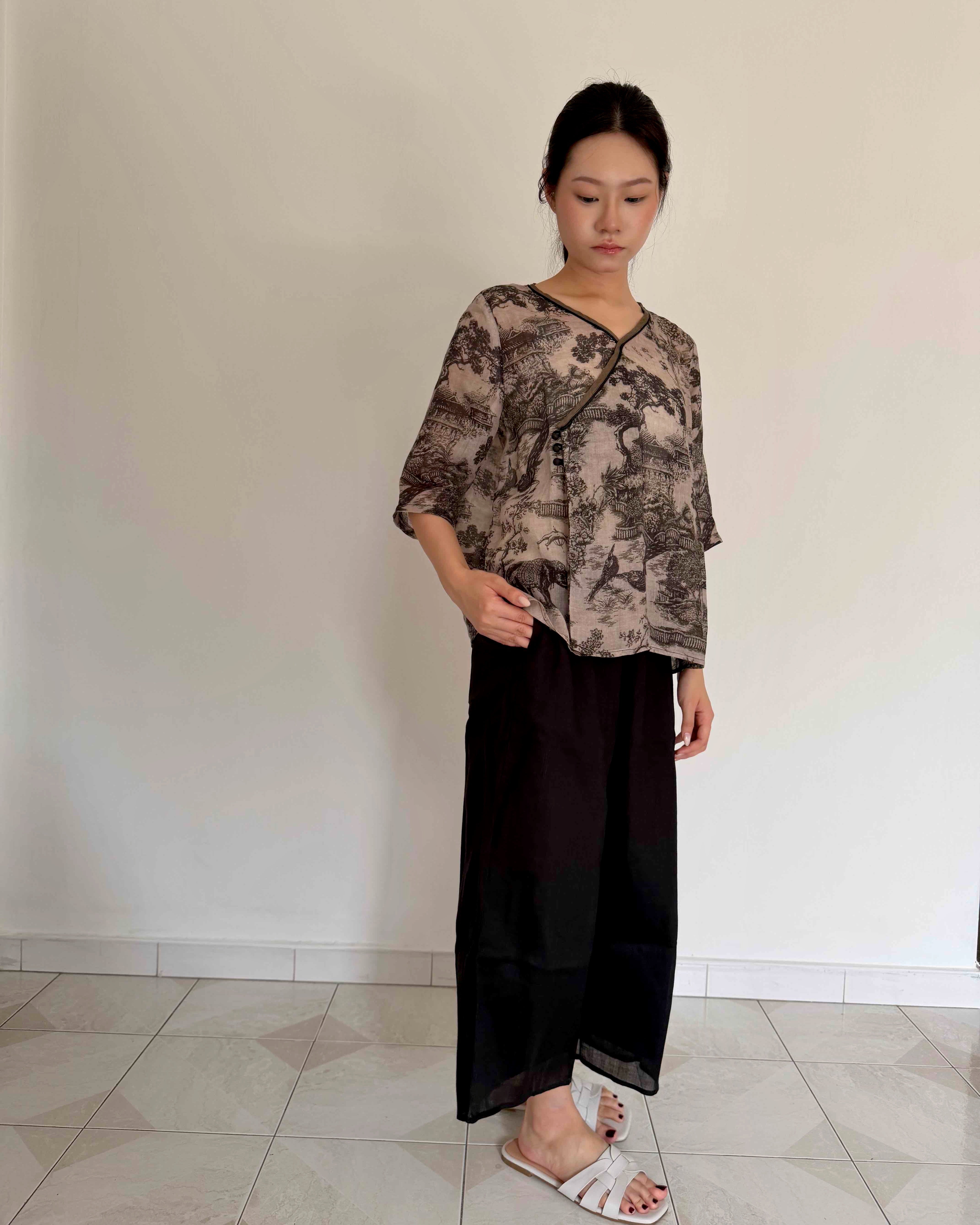 V-neck Oriental Print Cheongsam Top