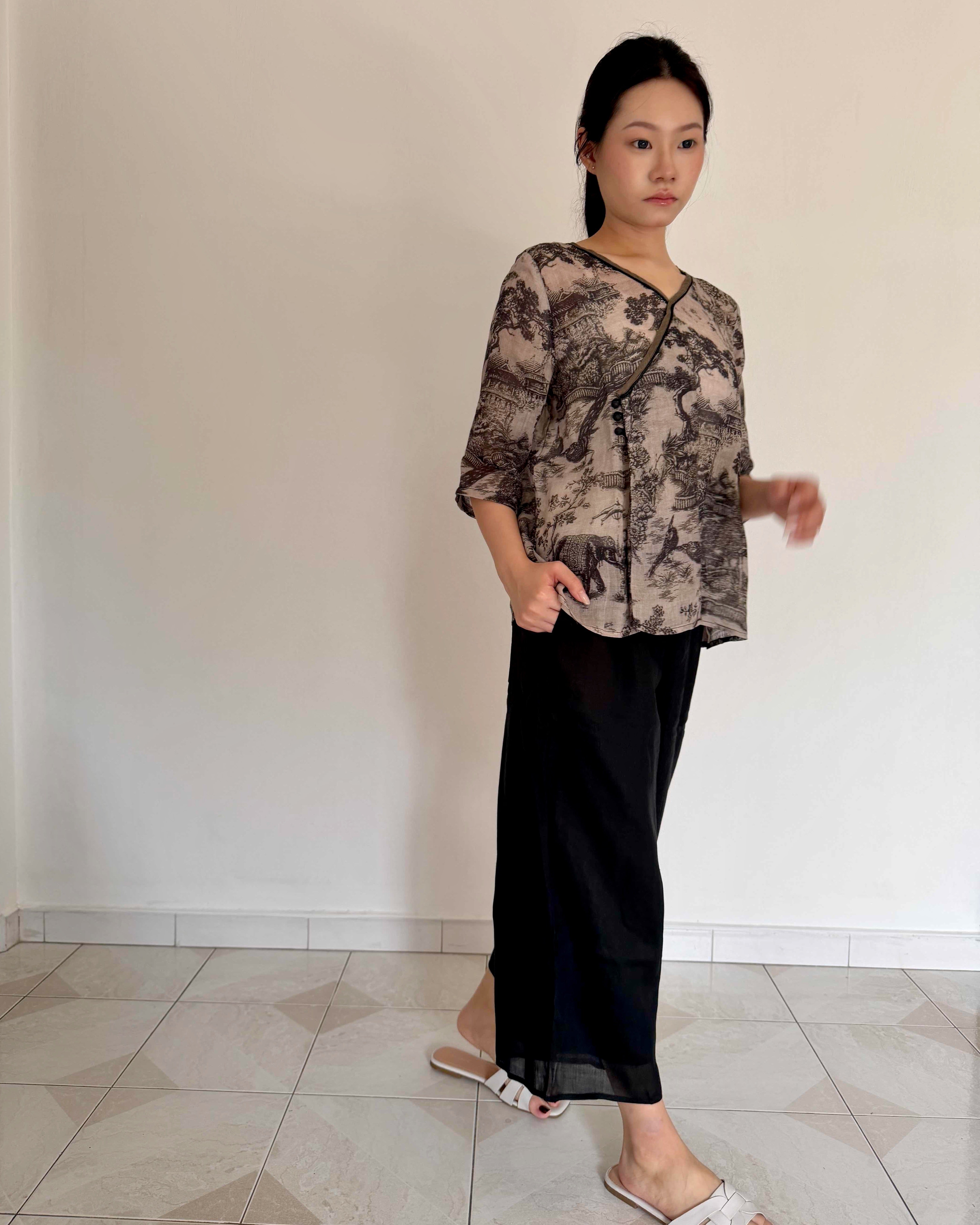 V-neck Oriental Print Cheongsam Top