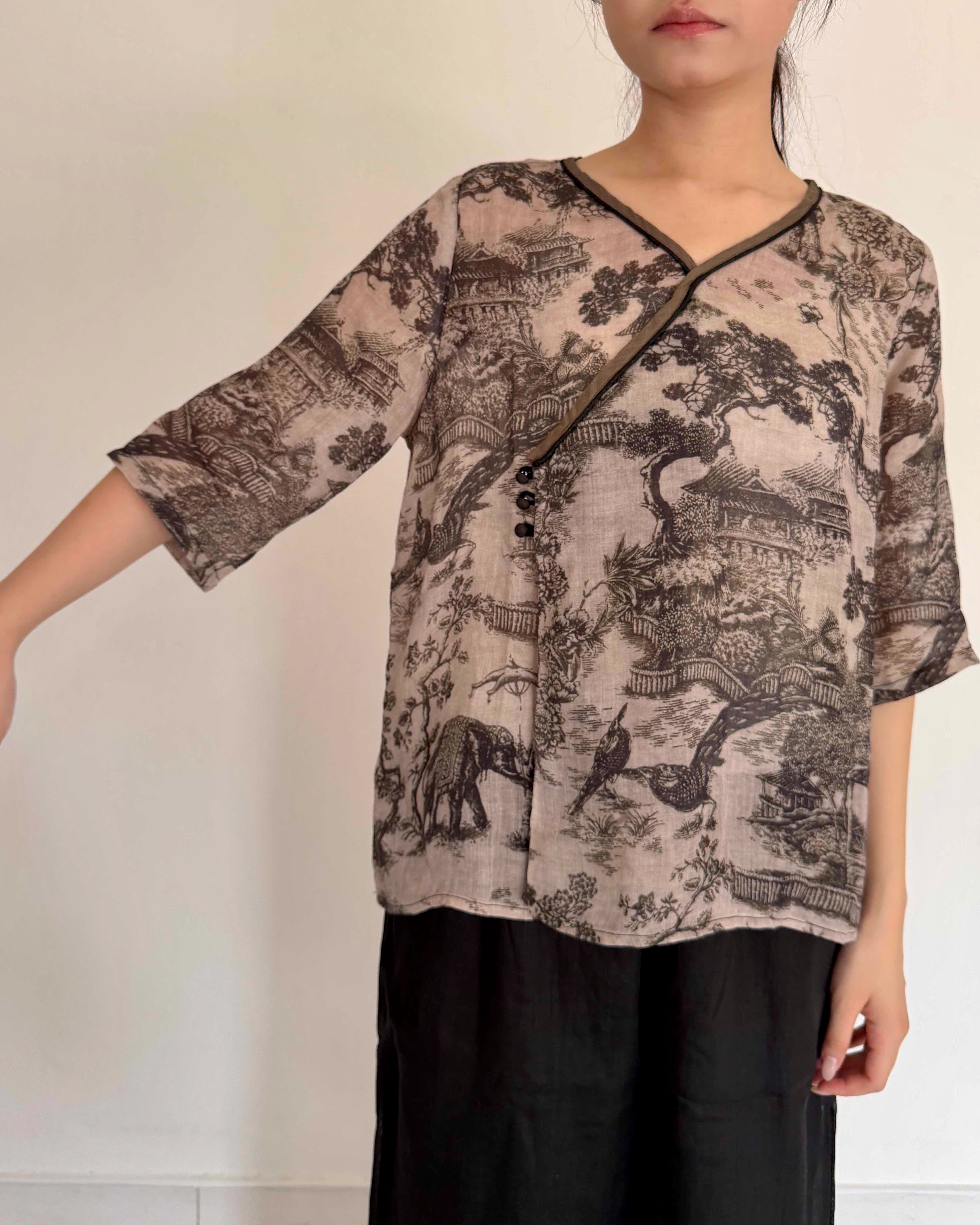 V-neck Oriental Print Cheongsam Top