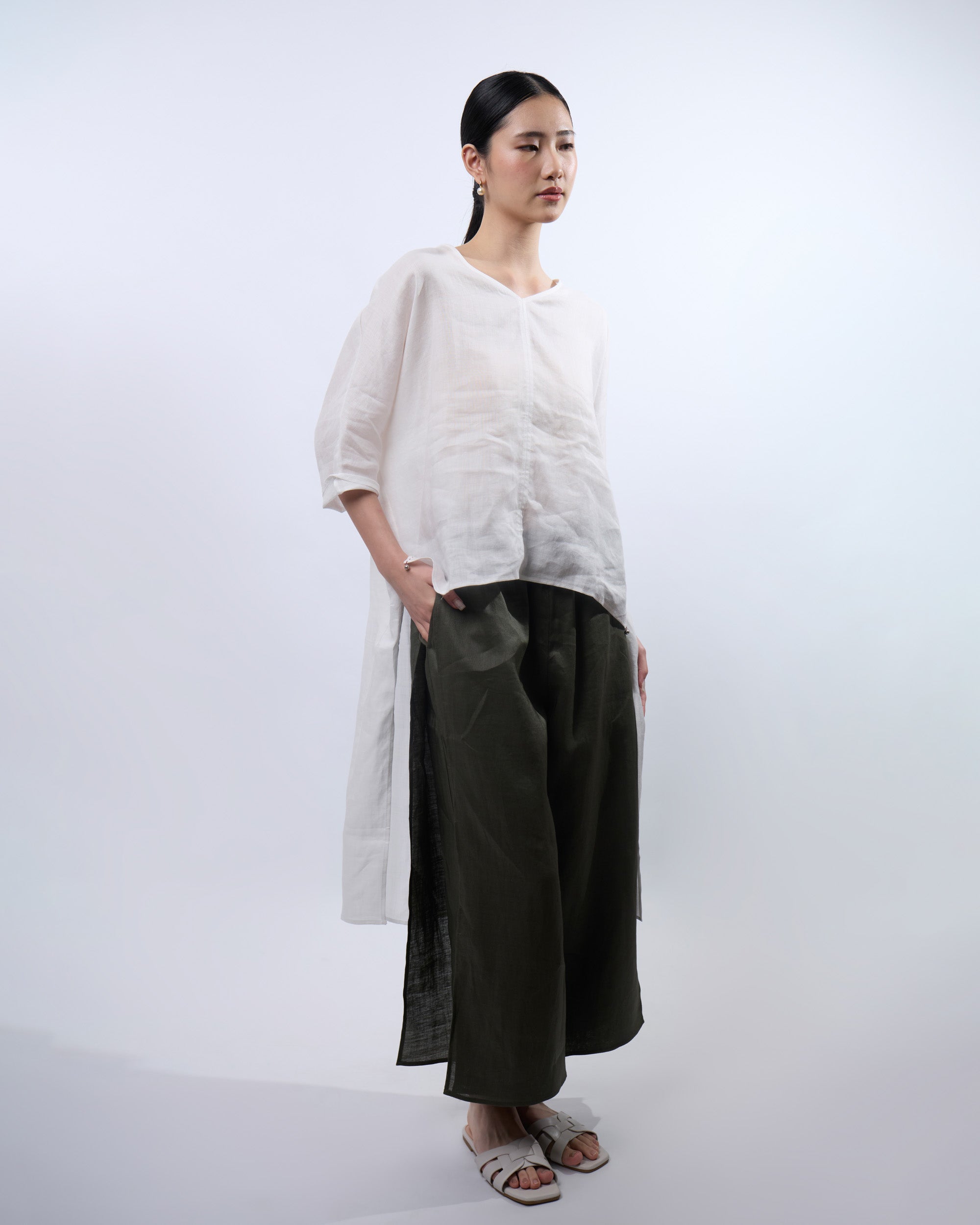 Double Layered Linen Pants in Olive Grey