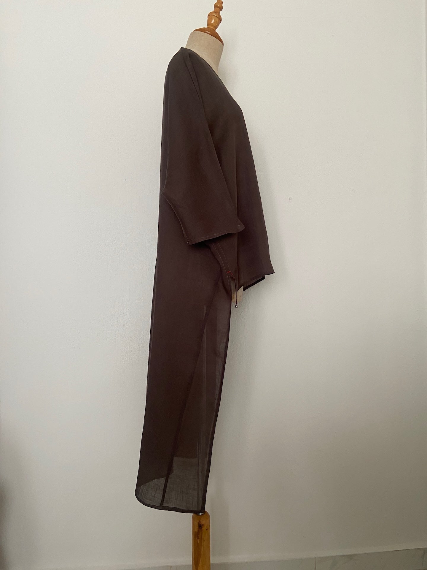 V-neck Ramie Long Top in Dark Brown