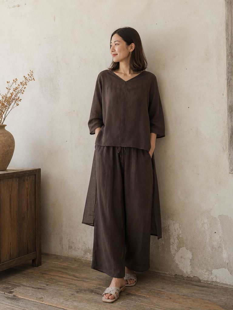 Double Layered Ramie Pants in Dark Brown