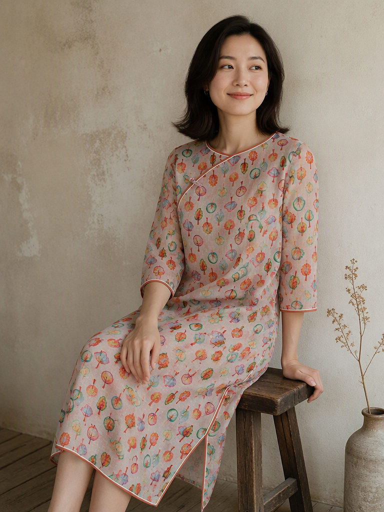 Multicolour Botanical Print 3/4 Sleeve Cheongsam Dress