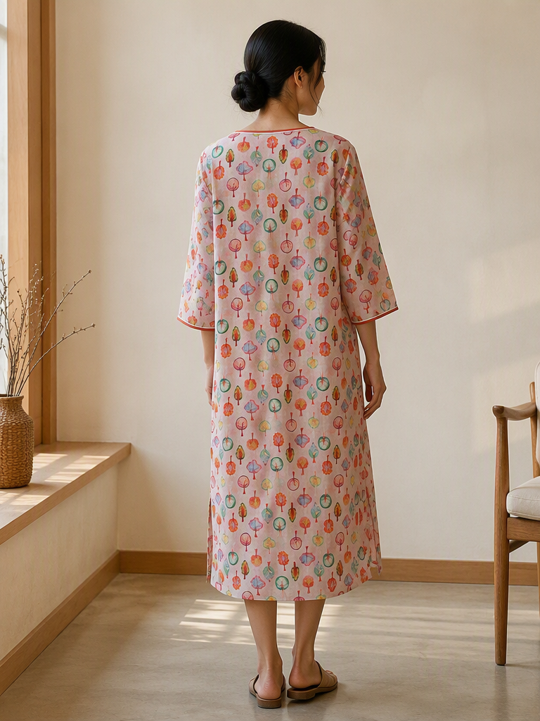 Multicolour Botanical Print 3/4 Sleeve Cheongsam Dress